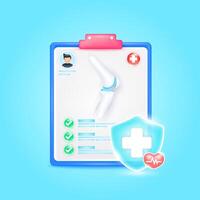 Medical document form board. Knee joint bone organ check up list for health doctor. Symbol cross in shield, red heart pulse line with check mark green button. Health care concept. 3d icon cartoon. vector