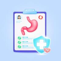Medical document form board. Stomach check up list for health doctor. Symbol cross in shield, red heart pulse line with check mark green button. Health care concept. 3d icon cartoon. vector