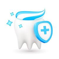 Toothpaste on clean white teeth and shield with medical symbol plus sign on a white background. Icon 3D for designing dentist advertisements. vector