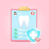 Medical document form board. Tooth check up list for health doctor. Symbol cross in shield, red heart pulse line with check mark green button. Health care concept. 3d icon cartoon render vector