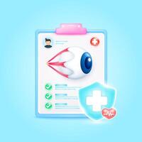 Medical document form board. Eyeball organ check up list for health doctor. Symbol cross in shield, red heart pulse line with check mark green button. Health care concept. 3d icon cartoon. vector