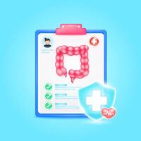 Medical document form board. Intestine organ check up list for health doctor. Symbol cross in shield, red heart pulse line with check mark green button. Health care concept. 3d icon cartoon. vector