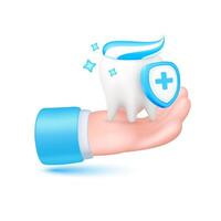 Toothpaste on clean white teeth and shield with medical symbol plus sign in the hands of the doctor on a white background. Icon 3D for designing dentist advertisements. vector