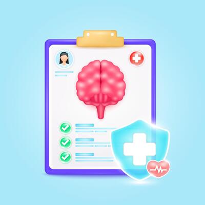Medical document form board. Brain check up list for health doctor. Symbol cross in shield, red heart pulse line with check mark green button. Health care concept. 3d icon cartoon.