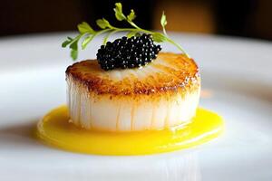 Searing perfection shines with caviar atop yuzu gel in an elegant culinary presentation photo