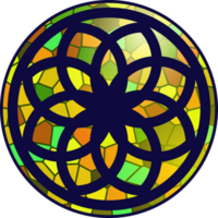 Gothic circle rose window with medieval ornament. Cathedral rosette. Christian architecture element with color stained glass. Radial frame png