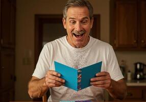A man is smiling while holding a blue book photo