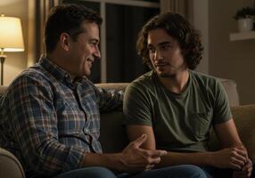 Two men sitting on a couch talking photo