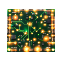 Detailed closeup of a Computer Circuit Board with Bright LEDs Illuminating Components png