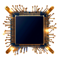 High-Tech Computer Chip with Golden Circuitry on png