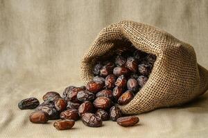 Closeup photo of glossy dried dates spilling from a rustic jute bag onto a textured beige surface. Ideal for organic food, market scenes and culinary concepts