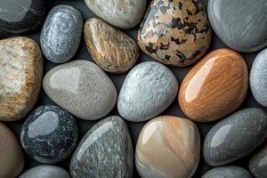 top view assorted smooth pebbles in different colors, forming natural texture. Symbolizing harmony, simplicity and mindfulness photo
