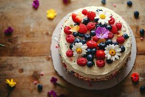 top view rustic dessert composition featuring handcrafted cake topped with edible flowers and seasonal berries on wooden table with copy space photo