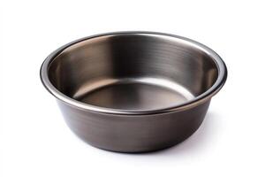 durable metal pet bowl isolated on white background. Symbolizing simplicity and efficiency, design element for concepts of pet feeding, home essentials, product catalog presentations photo