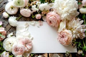 Gentle flat lay composition with an empty card and soft pastel blossoms on textured wood surface, ideal for wedding stationery, branding projects and feminine designs photo