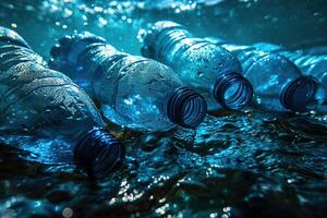 Underwater photo of discarded plastic bottles resting on ocean floor, environmental pollution and urgent need for ocean cleanup initiatives. Ideal for eco-awareness campaigns, educational materials