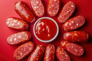 Symmetrical composition featuring evenly cut sausage slices circling bowl of dipping sauce on bold red surface. Perfect for restaurant promotions, culinary blogs and event catering content photo