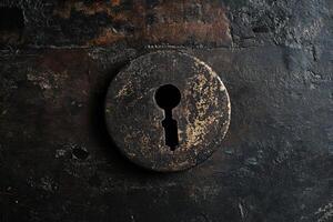 Rustic old rusty keyhole in close-up, perfect for concepts of security, past eras, mystery and historic architecture photo
