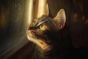 close-up portrait of a curious tabby cat with green eyes near window, surrounded by blurred background with bokeh, warm indoor light photo