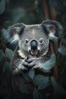 vertical close-up portrait of koala gripping tree branch, with softly blurred eucalyptus leaves in calm natural setting photo