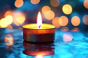 luminous candle flame captured in detail, casting gentle light reflections on polished surface. blurred bokeh background enhances tranquil, intimate mood, evoking moments of hope, remembrance photo