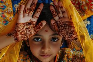 Artistic portrait of child with intricate henna designs on their hands, framed by vibrant fabrics and traditional Indian ornaments photo