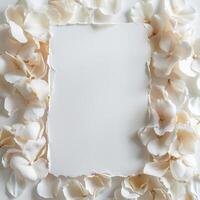 Top view composition of white blank card framed by soft white rose flower petals, perfect for romantic messages, event invitations and branding designs photo