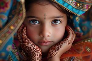 Beautiful image of young indian child with ornate mehndi patterns, framed by rich textiles and authentic ethnic decorations, celebrating cultural heritage photo
