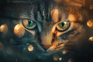 close-up portrait of tabby cat with green eyes on blurred background with bokeh, warm indoor light photo
