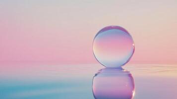 Transparent glass sphere levitating above calm water surface, mirroring soft pastel sky with gentle expanding ripples, evoking tranquil dreamscape photo