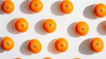 Vibrant tangerines arranged on a white background, casting distinct shadows, creating a visually appealing pattern ideal for food-related projects photo