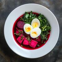 Chilled beetroot soup garnished with boiled eggs, kale, and thyme in white bowl, presenting vivid colors of nutrient-dense vegan culinary creation against dark backdrop photo