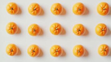 Ripe tangerines clustered neatly on immaculate white background, displaying bright orange hues and smooth, glossy skin with uniform arrangement photo