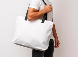 large white bag on man's arm in white scene photo