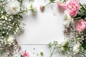 Minimal floral mockup scene with clean blank card and airy pink and white flowers, capturing a serene, fresh, tender atmosphere for creative templates and social media content photo