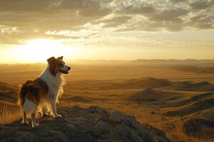 Energetic hairy dog captured on hilltop during golden hour, fur moving in wind, with minimalistic scenic background and glowing atmosphere photo