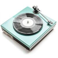 photo stylish design blue retro record player with spinning vinyl and sleek tonearm isolated on a white background, element design of nostalgic vintage music culture and classic audio technology