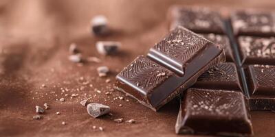 Close-up of rich dark chocolate pieces with textured design and cocoa crumbs photo