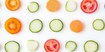 Minimalist flat lay of diverse sliced fruits and vegetables for modern design photo