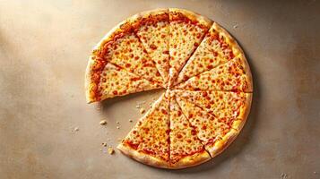 Whole cheese pizza, cut into slices, served on a lightly floured surface, copy space photo