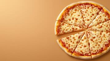 Sliced pizza with melted cheese on orange background presents tempting culinary delight, copy space photo