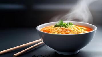 Steaming bowl of ramen noodles garnished with green onions rests on dark surface, copy space photo