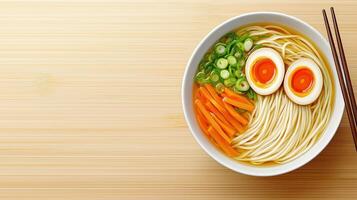 Overhead view of ramen bowl with chopsticks on bamboo placemat, copy space photo