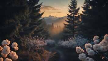 Hiking Trail Through a Forest with Flowers at Sunset Mountains photo