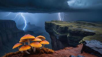 Mushrooms on Cliff Edge with Stormy Sky and Lightning Strikes photo