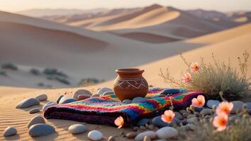 Still Life in Desert with Pot, Blanket, Stones, and Flowers photo