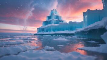 Exploring Frozen Landscape with Ice Formations Under a Colorful Sunset Sky photo