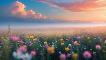 Flower Field at Sunrise with Fog and Pastel Sky Landscape photo