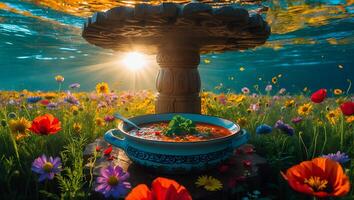 Soup Served in Field of Flowers with Sunlit Table Above photo
