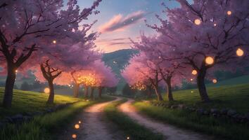Path Leading to Blossoming Trees with Magical Fairy Lights Landscape photo